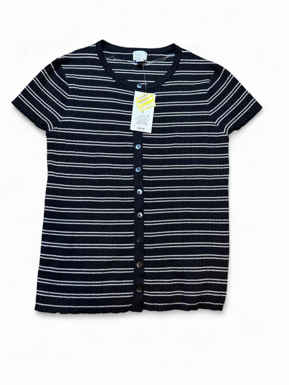 a new day Navy and White Short-Sleeve Stripe Button Cardigan